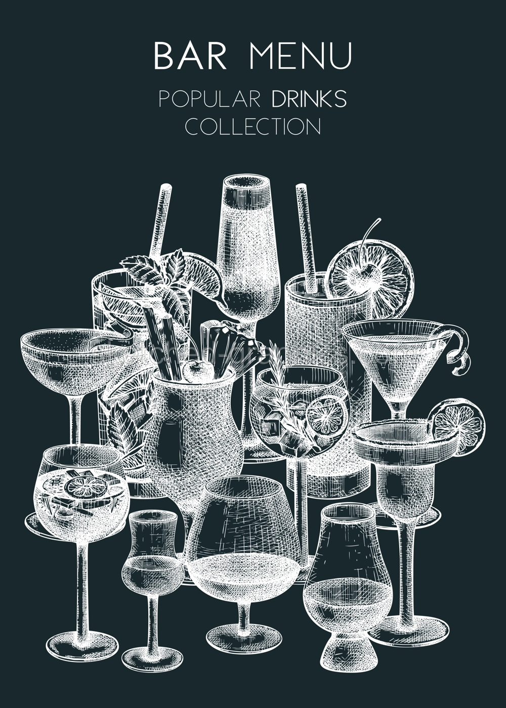 Alcoholic cocktails poster design. Glass of margarita, mojito, Pina colada, cosmopolitan, tequila sunrise banner design. Hand-sketched cocktails banner. Vector bar drinks illustration on chalkboard Illustration